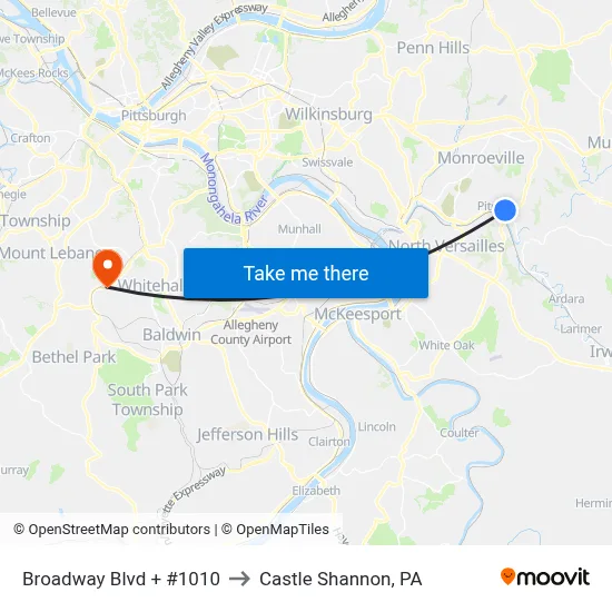 Broadway Blvd + #1010 to Castle Shannon,  PA map
