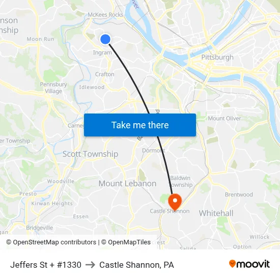 Jeffers St + #1330 to Castle Shannon,  PA map