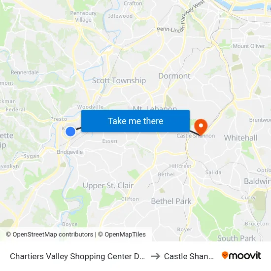 Chartiers Valley Shopping Center Dr + Giant Eagle to Castle Shannon,  PA map