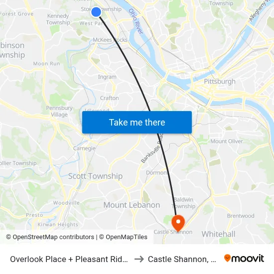 Overlook Place + Pleasant Ridge to Castle Shannon,  PA map