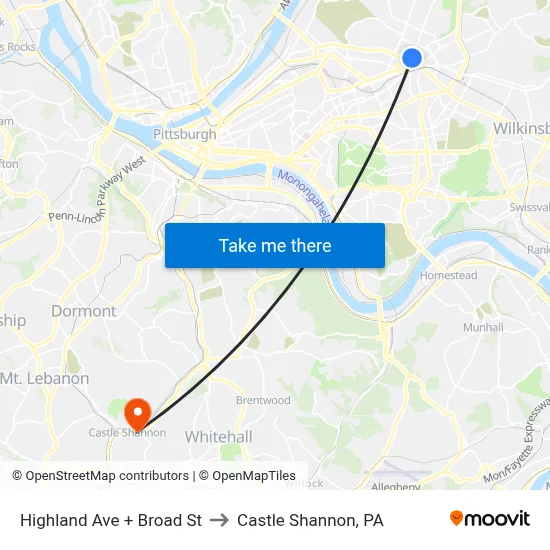Highland Ave + Broad St to Castle Shannon,  PA map