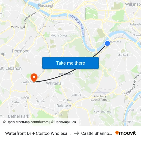 Waterfront Dr + Costco Wholesale Drvwy to Castle Shannon,  PA map