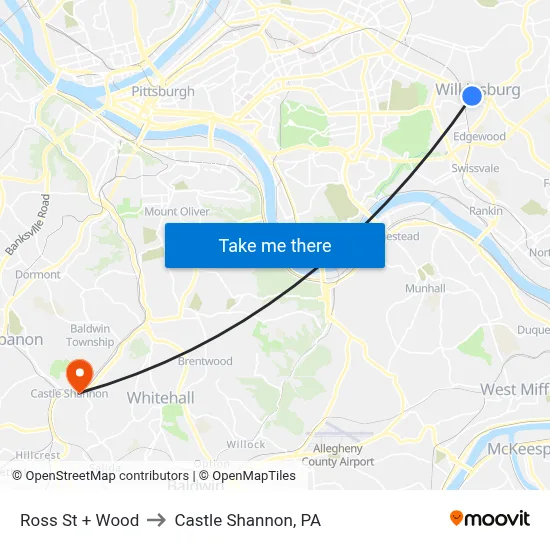 Ross St + Wood to Castle Shannon,  PA map