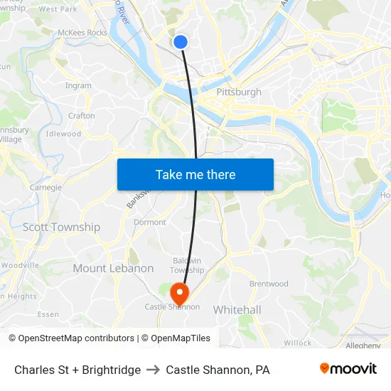Charles St + Brightridge to Castle Shannon,  PA map