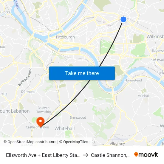 Ellsworth Ave + East Liberty Station to Castle Shannon,  PA map