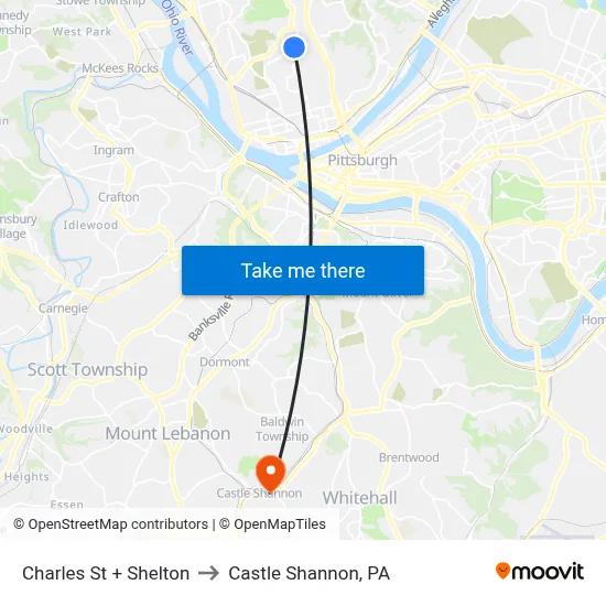 Charles St + Shelton to Castle Shannon,  PA map