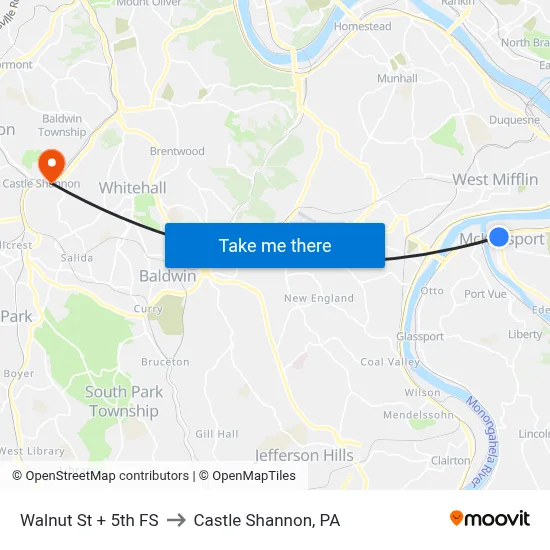 Walnut St + 5th FS to Castle Shannon,  PA map
