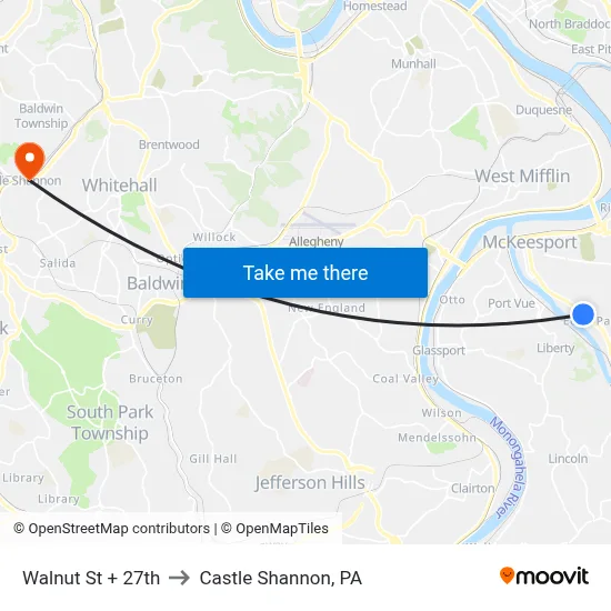Walnut St + 27th to Castle Shannon,  PA map
