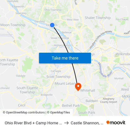 Ohio River Blvd + Camp Horne Ns to Castle Shannon,  PA map