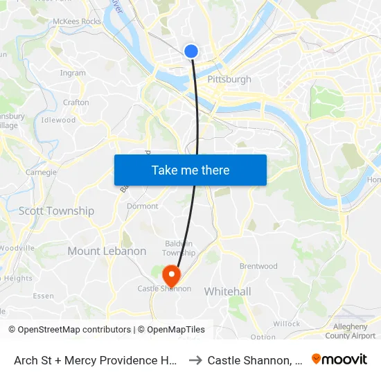 Arch St + Mercy Providence Hosp to Castle Shannon,  PA map