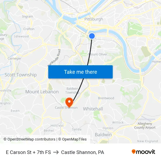 E Carson St + 7th FS to Castle Shannon,  PA map