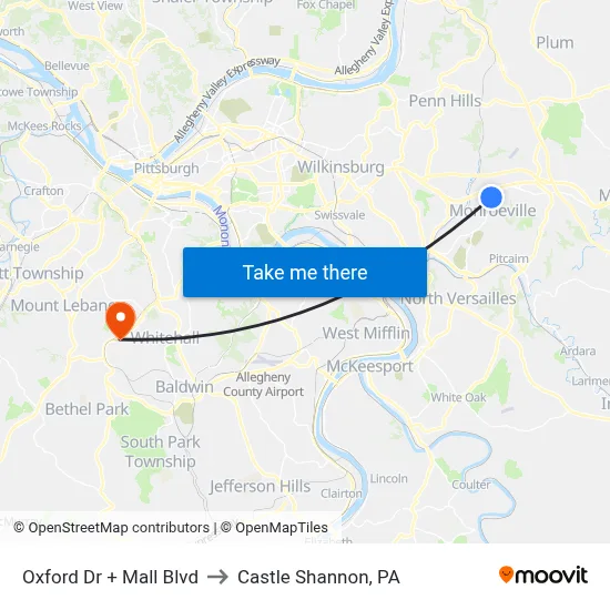 Oxford Dr + Mall Blvd to Castle Shannon,  PA map