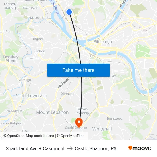 Shadeland Ave + Casement to Castle Shannon,  PA map