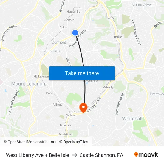 West Liberty Ave + Belle Isle to Castle Shannon,  PA map