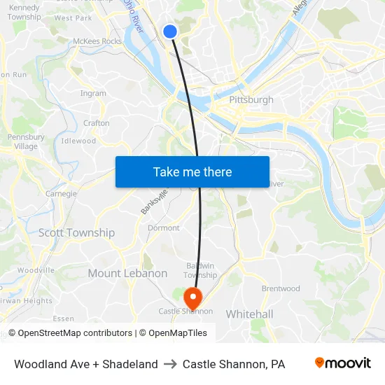 Woodland Ave + Shadeland to Castle Shannon,  PA map