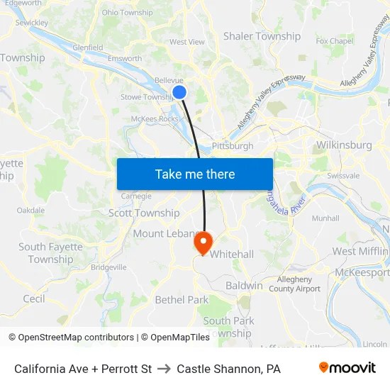 California Ave + Perrott St to Castle Shannon,  PA map