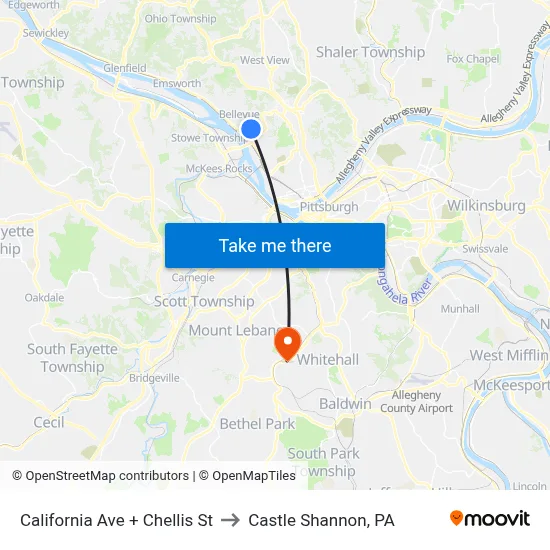 California Ave + Chellis St to Castle Shannon,  PA map