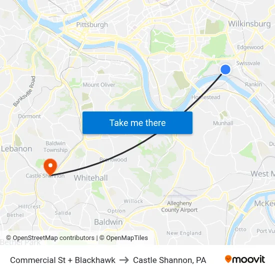 Commercial St + Blackhawk to Castle Shannon,  PA map