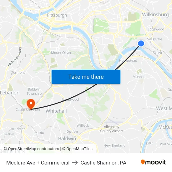 Mcclure Ave + Commercial to Castle Shannon,  PA map