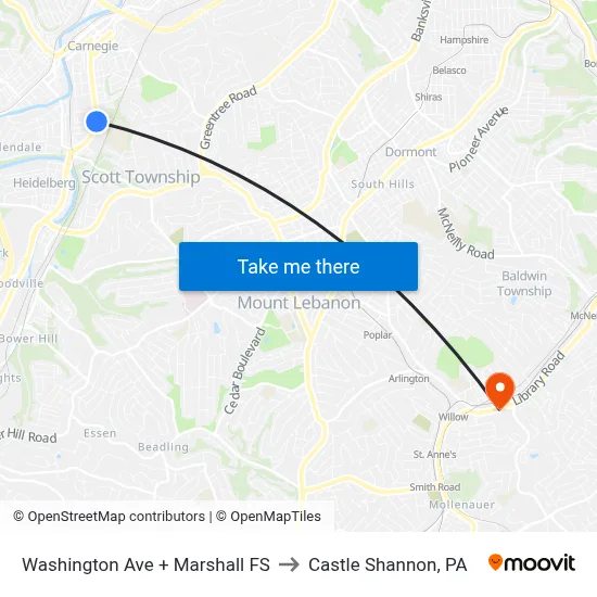 Washington Ave + Marshall FS to Castle Shannon,  PA map
