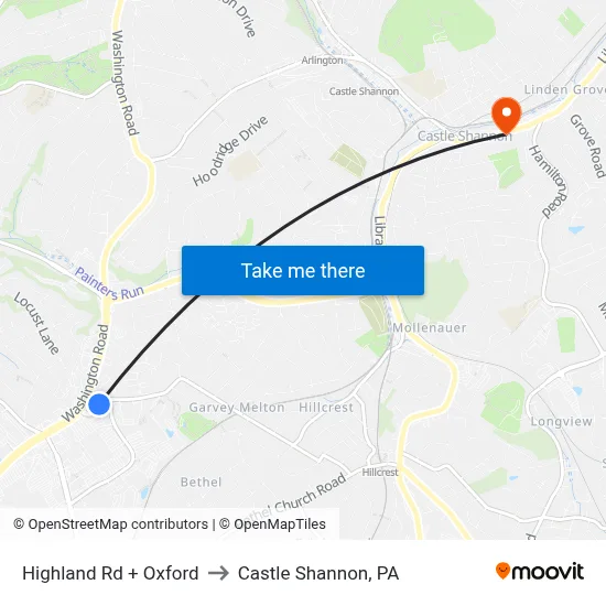 Highland Rd + Oxford to Castle Shannon,  PA map