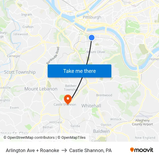 Arlington Ave + Roanoke to Castle Shannon,  PA map