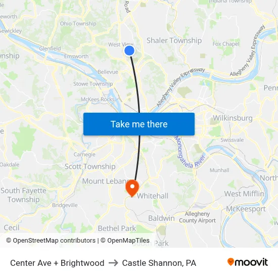 Center Ave + Brightwood to Castle Shannon,  PA map