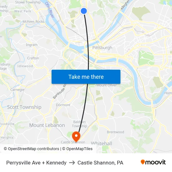 Perrysville Ave + Kennedy to Castle Shannon,  PA map