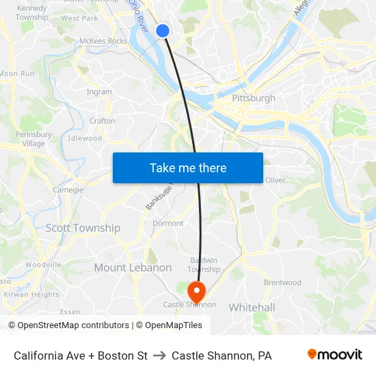 California Ave + Boston St to Castle Shannon,  PA map