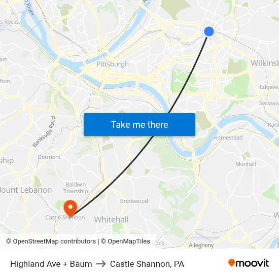 Highland Ave + Baum to Castle Shannon,  PA map