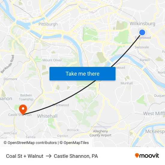 Coal St + Walnut to Castle Shannon,  PA map