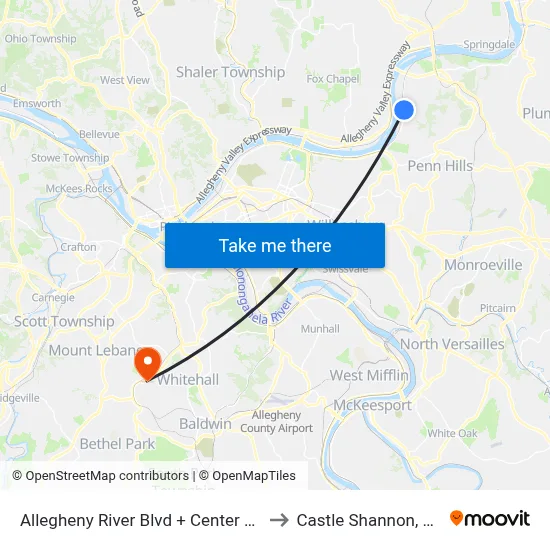 Allegheny River Blvd + Center FS to Castle Shannon,  PA map