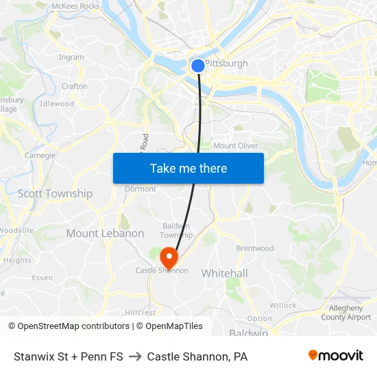 Stanwix St + Penn FS to Castle Shannon,  PA map