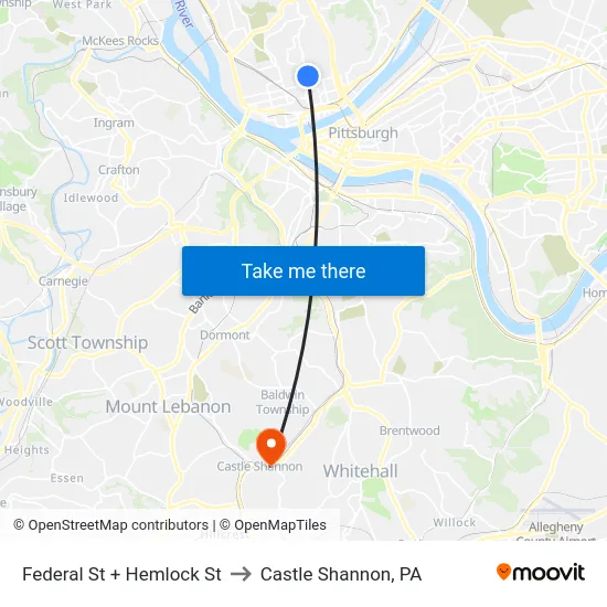 Federal St + Hemlock St to Castle Shannon,  PA map