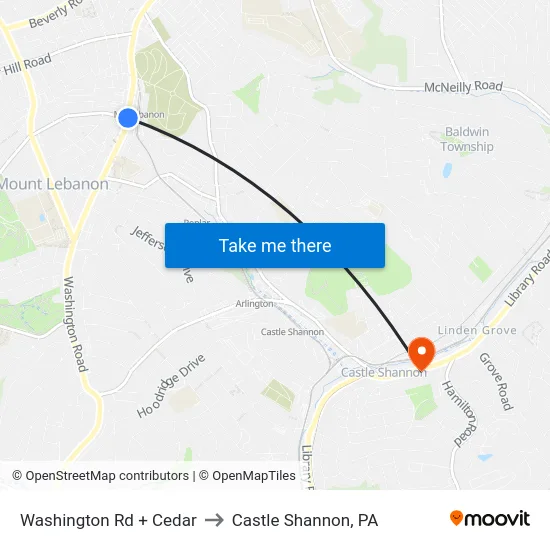 Washington Rd + Cedar to Castle Shannon,  PA map