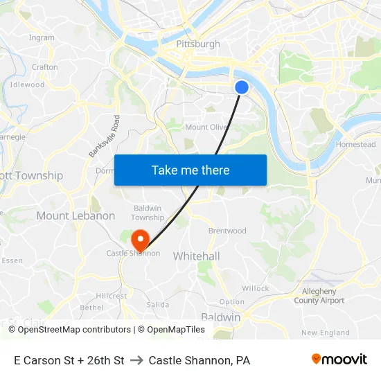 E Carson St + 26th St to Castle Shannon,  PA map
