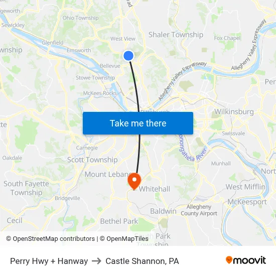 Perry Hwy + Hanway to Castle Shannon,  PA map