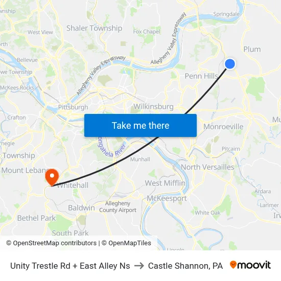 Unity Trestle Rd + East Alley Ns to Castle Shannon,  PA map