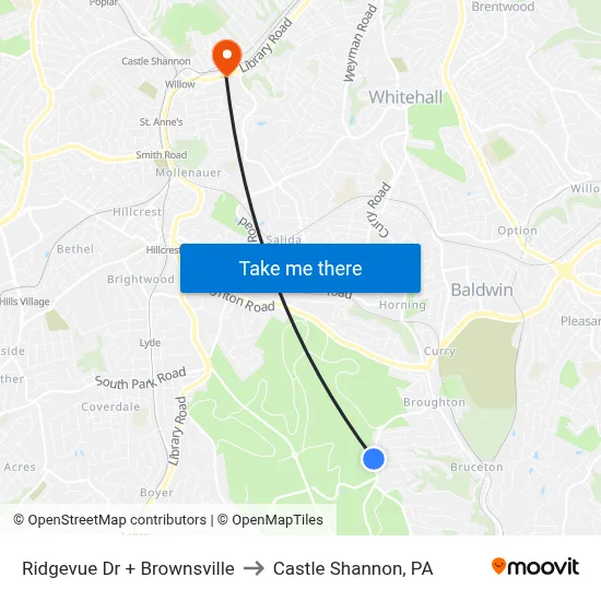 Ridgevue Dr + Brownsville to Castle Shannon,  PA map
