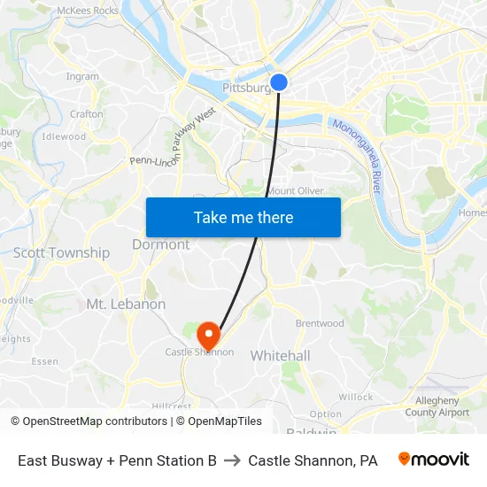 East Busway + Penn Station B to Castle Shannon,  PA map
