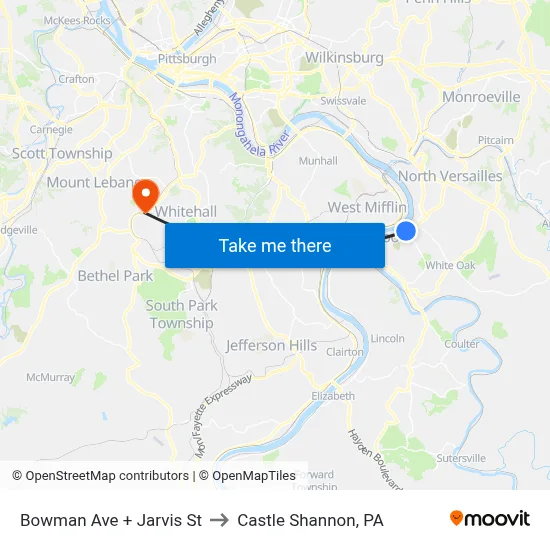 Bowman Ave + Jarvis St to Castle Shannon,  PA map