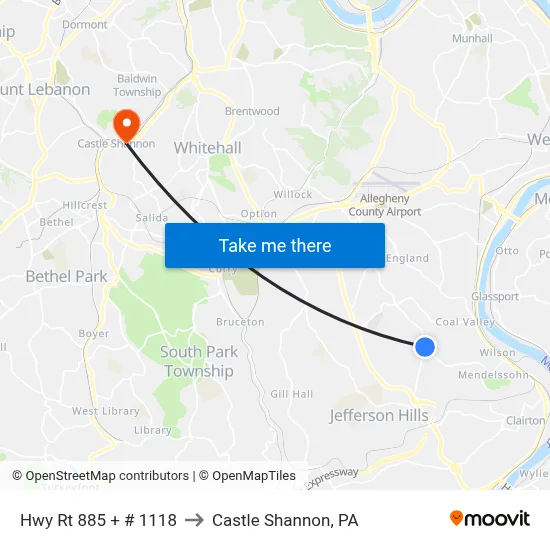 Hwy Rt 885 + # 1118 to Castle Shannon,  PA map