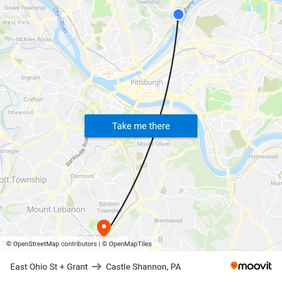 East Ohio St + Grant to Castle Shannon,  PA map