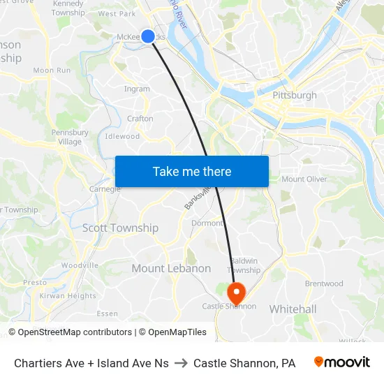 Chartiers Ave + Island Ave Ns to Castle Shannon,  PA map