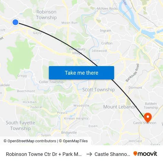 Robinson Towne Ctr Dr + Park Manor Blvd to Castle Shannon,  PA map