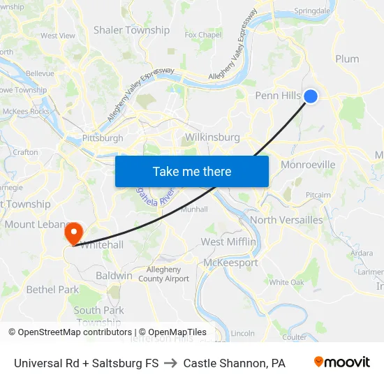 Universal Rd + Saltsburg FS to Castle Shannon,  PA map