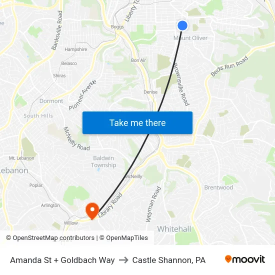 Amanda St + Goldbach Way to Castle Shannon,  PA map