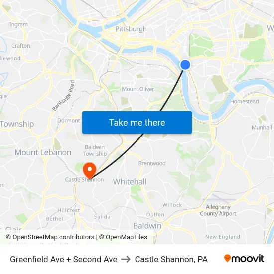 Greenfield Ave + Second Ave to Castle Shannon,  PA map