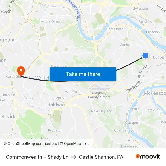 Commonwealth + Shady Ln to Castle Shannon,  PA map