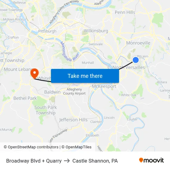 Broadway Blvd + Quarry to Castle Shannon,  PA map